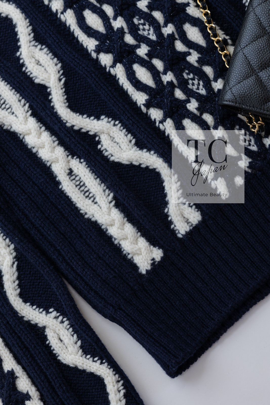 CHANEL 18PF Navy Ivory Wool Cashmere Knit Sweater 34 シャネル ネイビー アイボリー ウール カシミア ケーブル ニット セーター 即発
