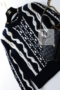 CHANEL 18PF Navy Ivory Wool Cashmere Knit Sweater 34 シャネル ネイビー アイボリー ウール カシミア ケーブル ニット セーター 即発