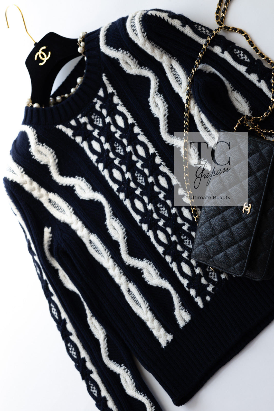 CHANEL 18PF Navy Ivory Wool Cashmere Knit Sweater 34 シャネル ネイビー アイボリー ウール カシミア ケーブル ニット セーター 即発