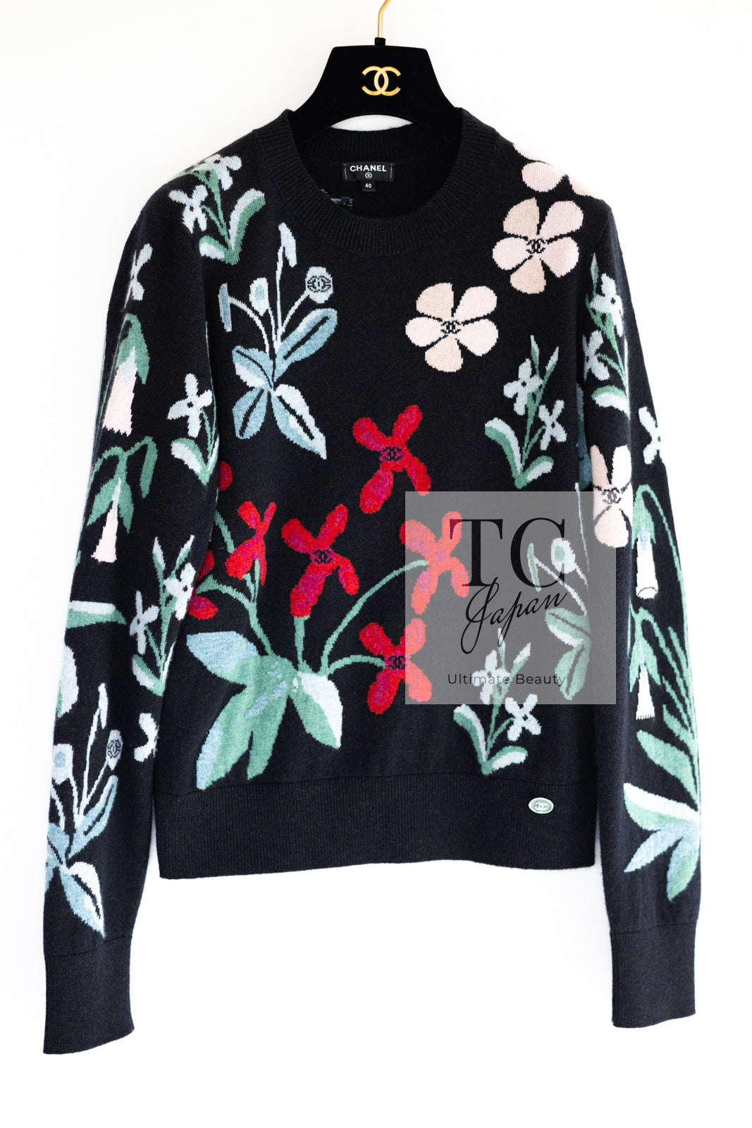 CHANEL 21PF Black Multicolor Floral Cashmere Knit Tops Sweater 38 シャネル ブラック マルチカラー 花柄 カシミア ニット トップス セーター 即発