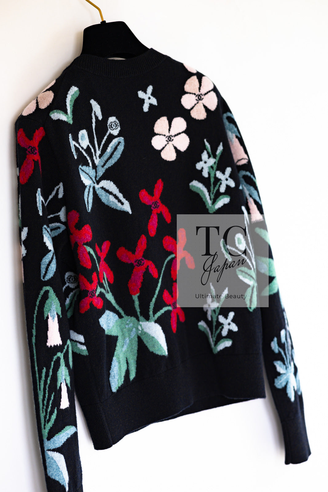 CHANEL 21PF Black Multicolor Floral Cashmere Knit Tops Sweater 38 シャネル ブラック マルチカラー 花柄 カシミア ニット トップス セーター 即発