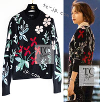 CHANEL 21PF Black Multicolor Floral Cashmere Knit Tops Sweater 38 シャネル ブラック マルチカラー 花柄 カシミア ニット トップス セーター 即発