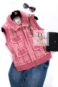 CHANEL 01S Red Linen Tweed Sequin Trim Vest Tops 38 シャネル レッド リネン ツイード スパンコール トリム ベスト ジレ トップス 即発