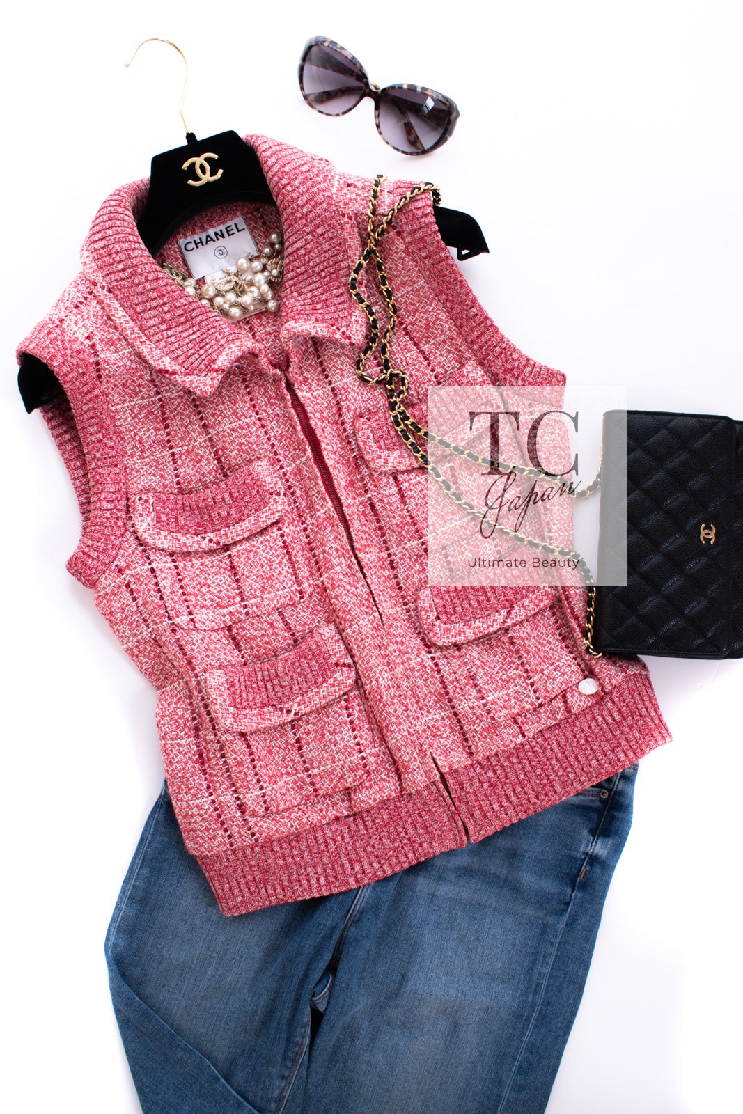 CHANEL 01S Red Linen Tweed Sequin Trim Vest Tops 38 シャネル レッド リネン ツイード スパンコール トリム ベスト ジレ トップス 即発