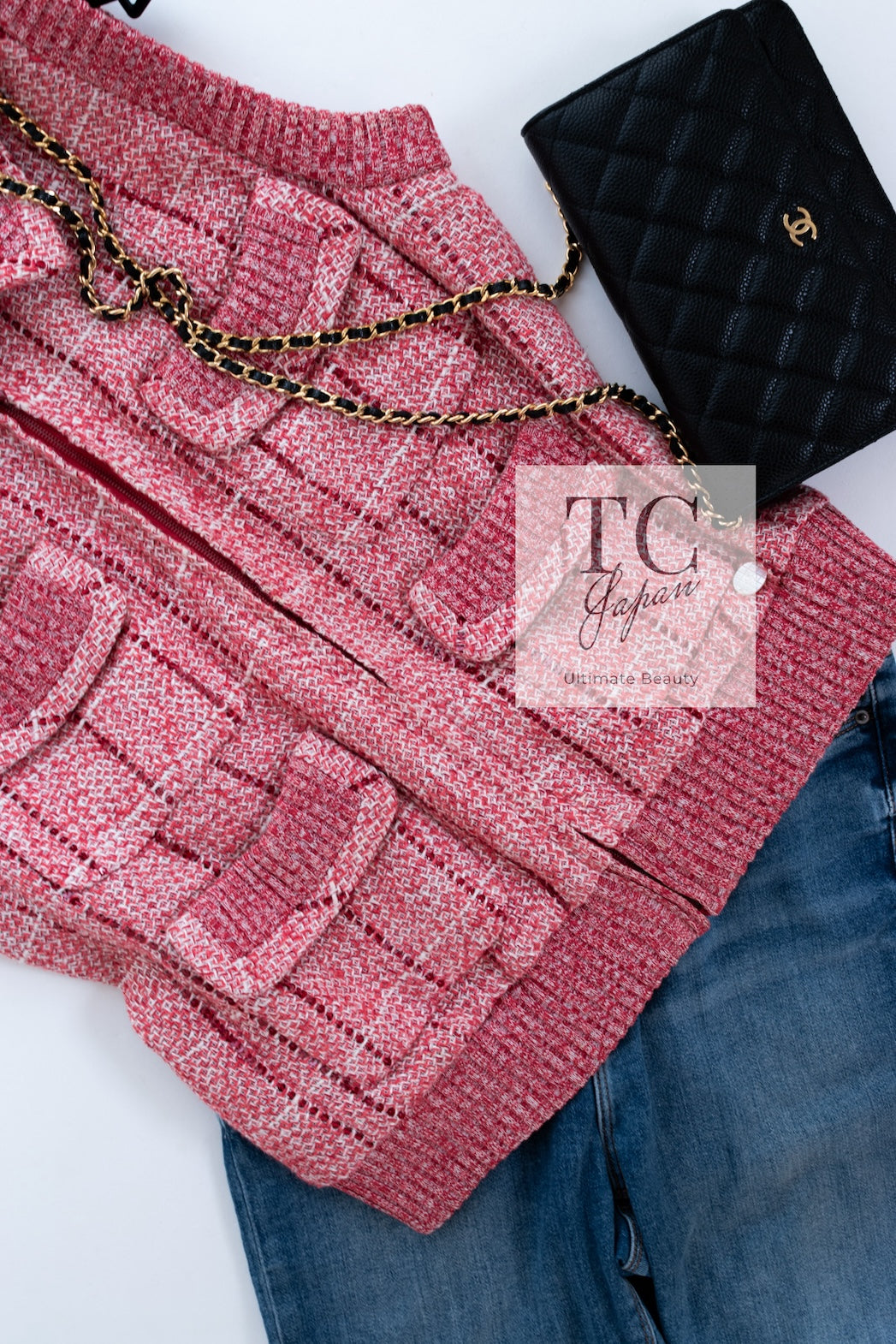 CHANEL 01S Red Linen Tweed Sequin Trim Vest Tops 38 シャネル レッド リネン ツイード スパンコール トリム ベスト ジレ トップス 即発