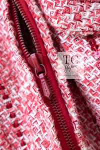 CHANEL 01S Red Linen Tweed Sequin Trim Vest Tops 38 シャネル レッド リネン ツイード スパンコール トリム ベスト ジレ トップス 即発