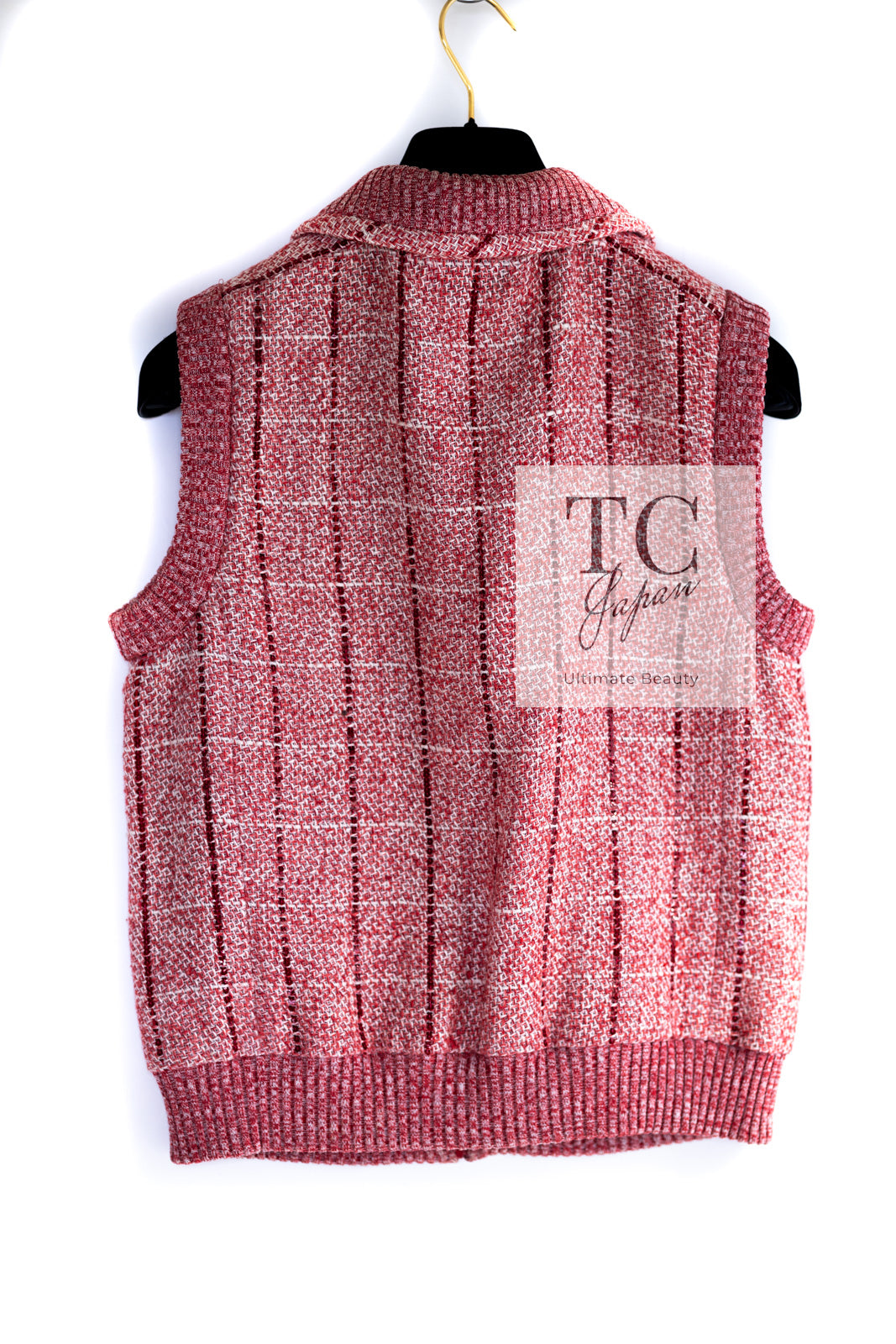 CHANEL 01S Red Linen Tweed Sequin Trim Vest Tops 38 シャネル レッド リネン ツイード スパンコール トリム ベスト ジレ トップス 即発
