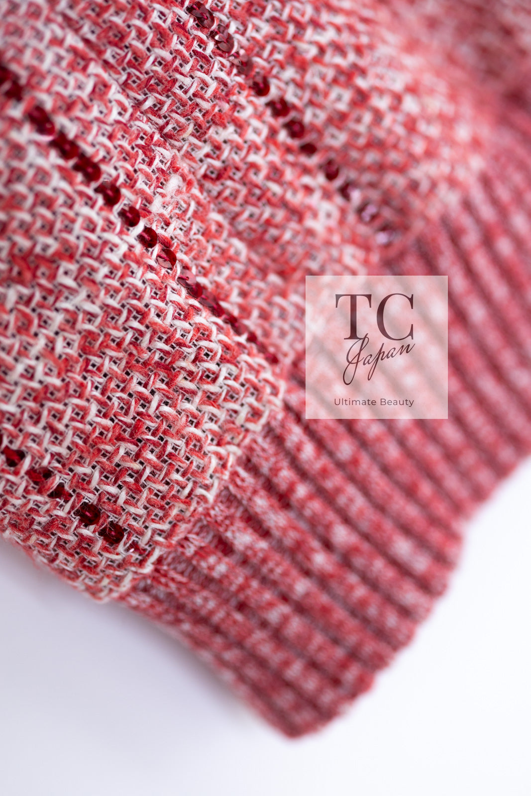 CHANEL 01S Red Linen Tweed Sequin Trim Vest Tops 38 シャネル レッド リネン ツイード スパンコール トリム ベスト ジレ トップス 即発