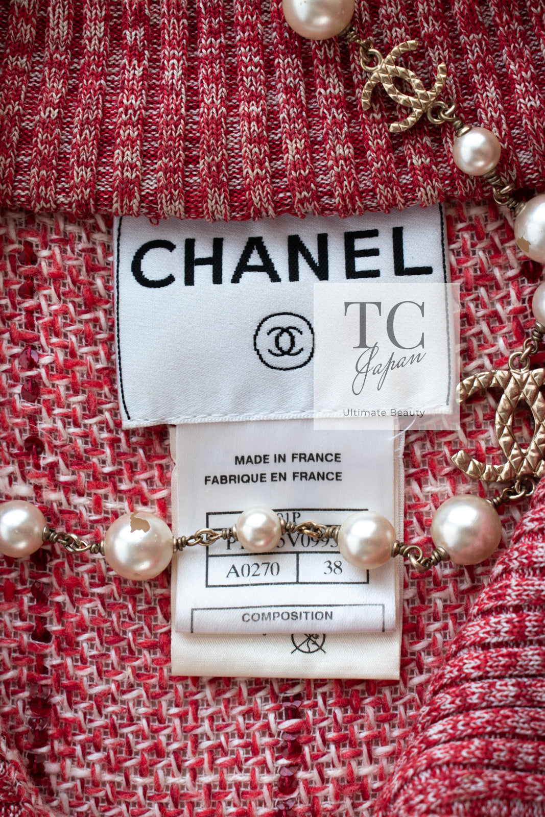 CHANEL 01S Red Linen Tweed Sequin Trim Vest Tops 38 シャネル レッド リネン ツイード スパンコール トリム ベスト ジレ トップス 即発