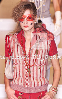 CHANEL 01S Red Linen Tweed Sequin Trim Vest Tops 38 シャネル レッド リネン ツイード スパンコール トリム ベスト ジレ トップス 即発