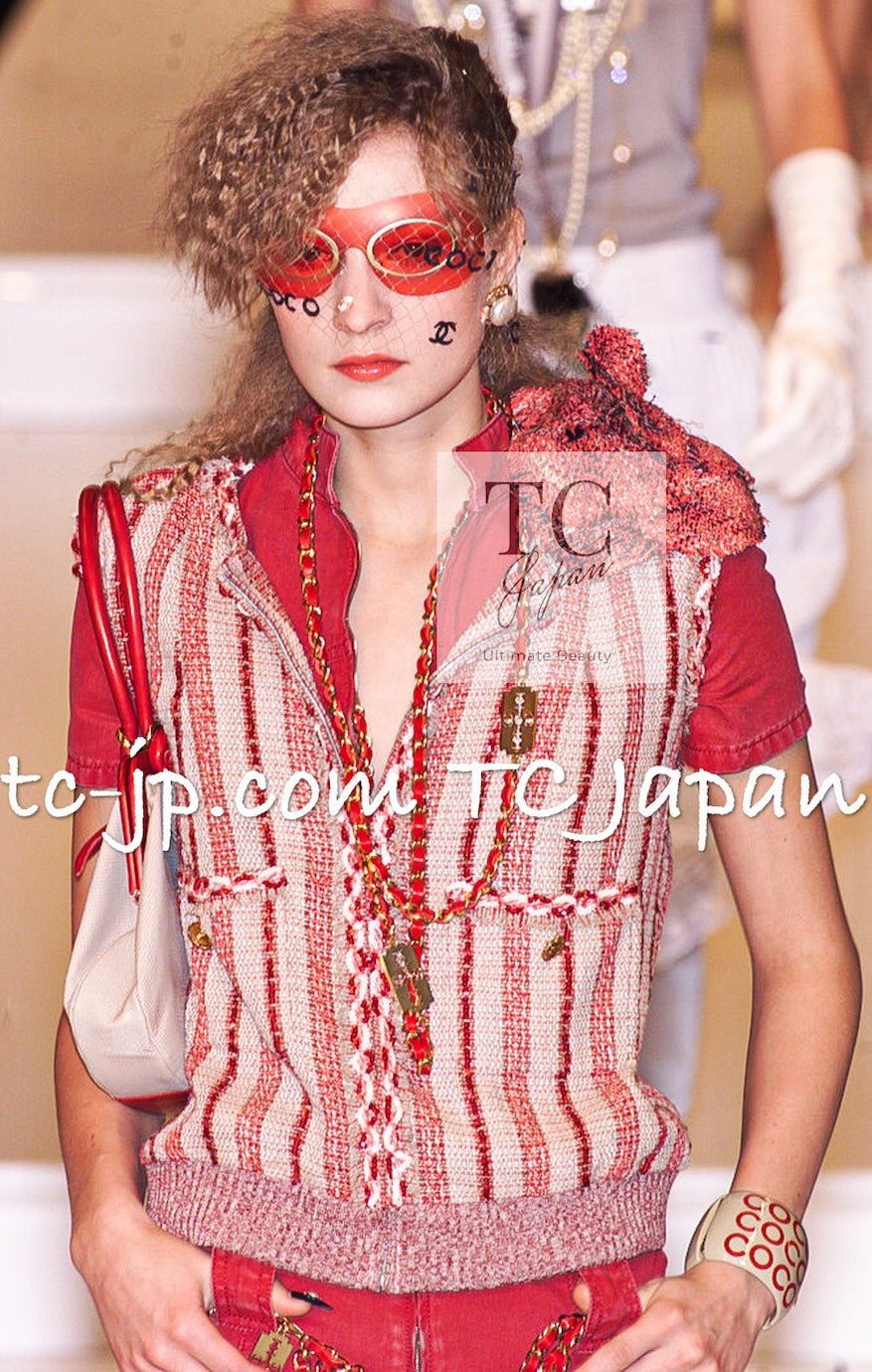 CHANEL 01S Red Linen Tweed Sequin Trim Vest Tops 38 シャネル レッド リネン ツイード スパンコール トリム ベスト ジレ トップス 即発