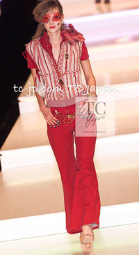 CHANEL 01S Red Linen Tweed Sequin Trim Vest Tops 38 シャネル レッド リネン ツイード スパンコール トリム ベスト ジレ トップス 即発
