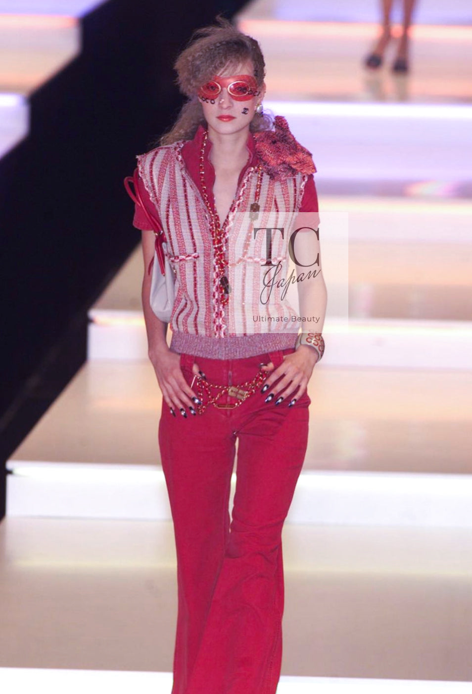 CHANEL 01S Red Linen Tweed Sequin Trim Vest Tops 38 シャネル レッド リネン ツイード スパンコール トリム ベスト ジレ トップス 即発