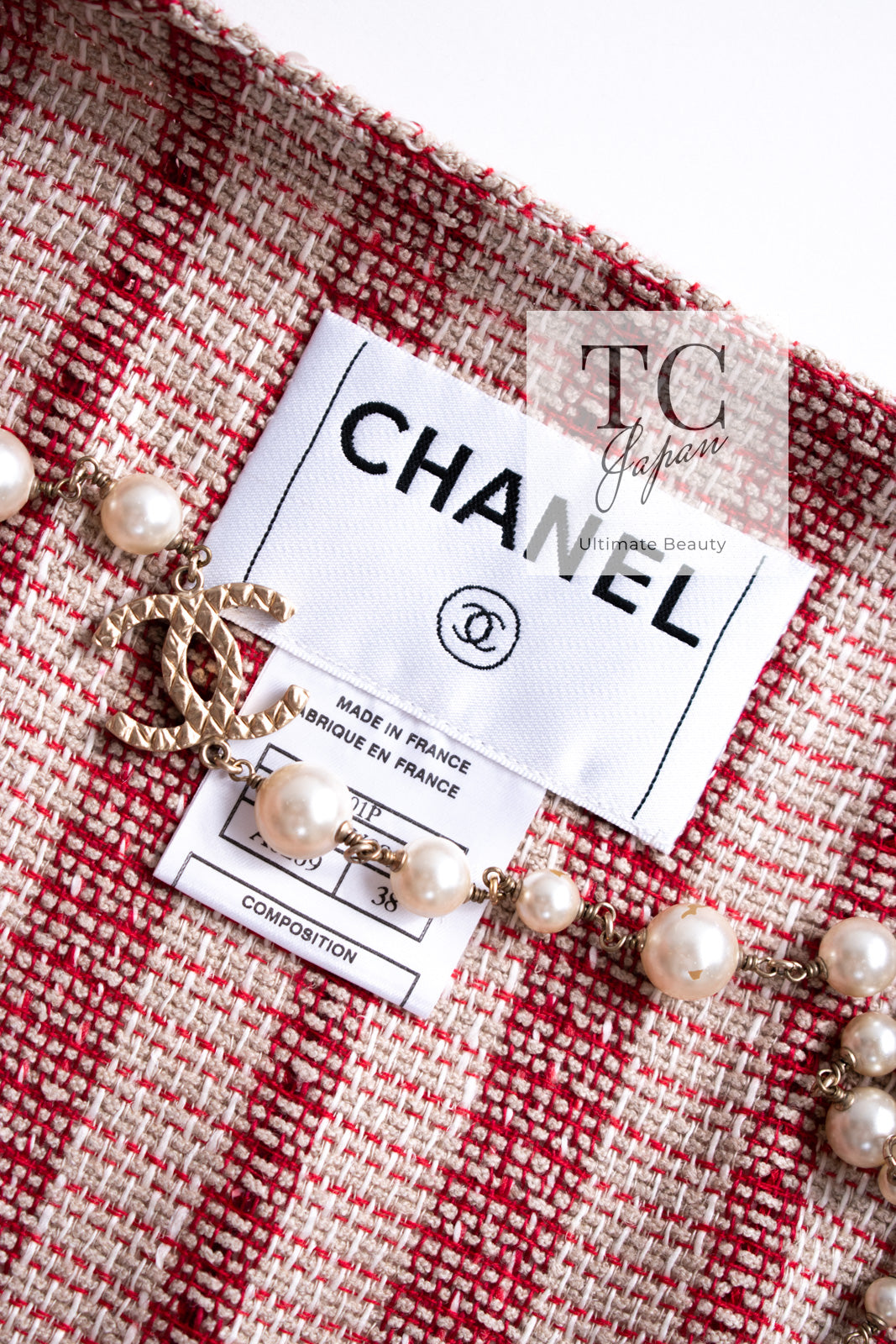 CHANEL 01S Beige Red Knit Sequin Vest Tops 38 シャネル ベージュ レッド スパンコール ニット ベスト トップス 即発