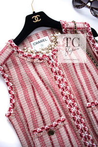 CHANEL 01S Beige Red Knit Sequin Vest Tops 38 シャネル ベージュ レッド スパンコール ニット ベスト トップス 即発