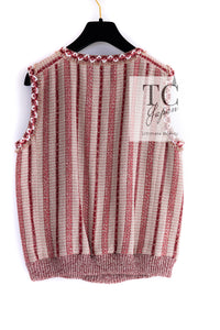 CHANEL 01S Beige Red Knit Sequin Vest Tops 38 シャネル ベージュ レッド スパンコール ニット ベスト トップス 即発