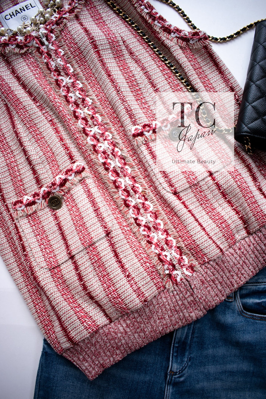 CHANEL 01S Beige Red Knit Sequin Vest Tops 38 シャネル ベージュ レッド スパンコール ニット ベスト トップス 即発