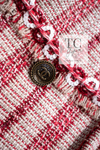 CHANEL 01S Beige Red Knit Sequin Vest Tops 38 シャネル ベージュ レッド スパンコール ニット ベスト トップス 即発