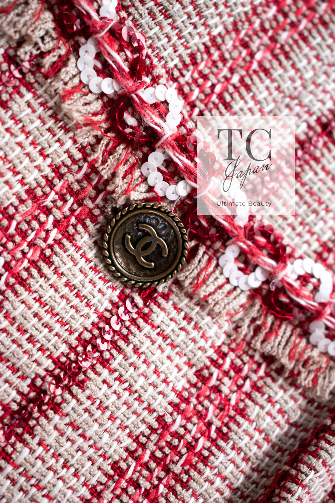 CHANEL 01S Beige Red Knit Sequin Vest Tops 38 シャネル ベージュ レッド スパンコール ニット ベスト トップス 即発