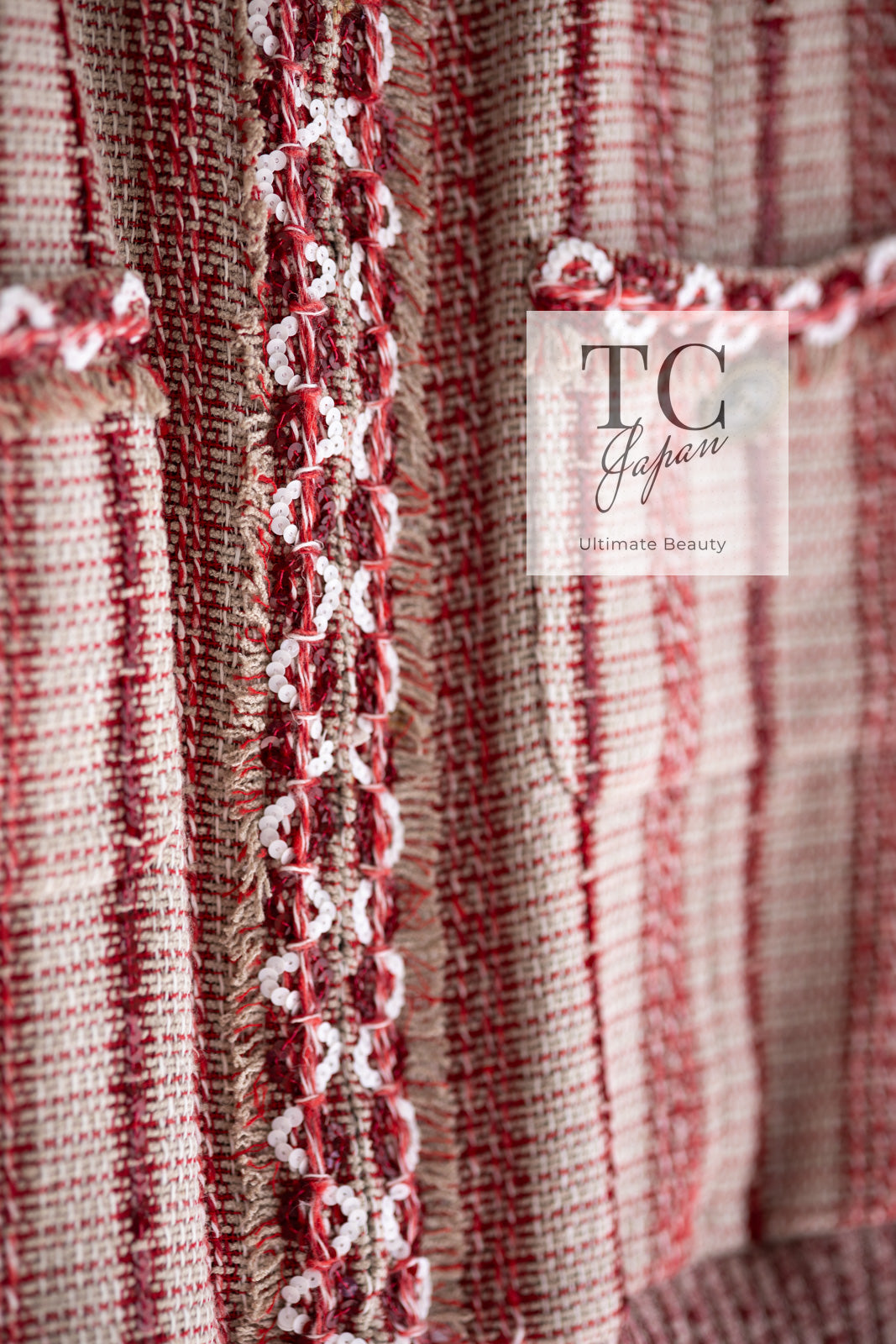 CHANEL 01S Beige Red Knit Sequin Vest Tops 38 シャネル ベージュ レッド スパンコール ニット ベスト トップス 即発
