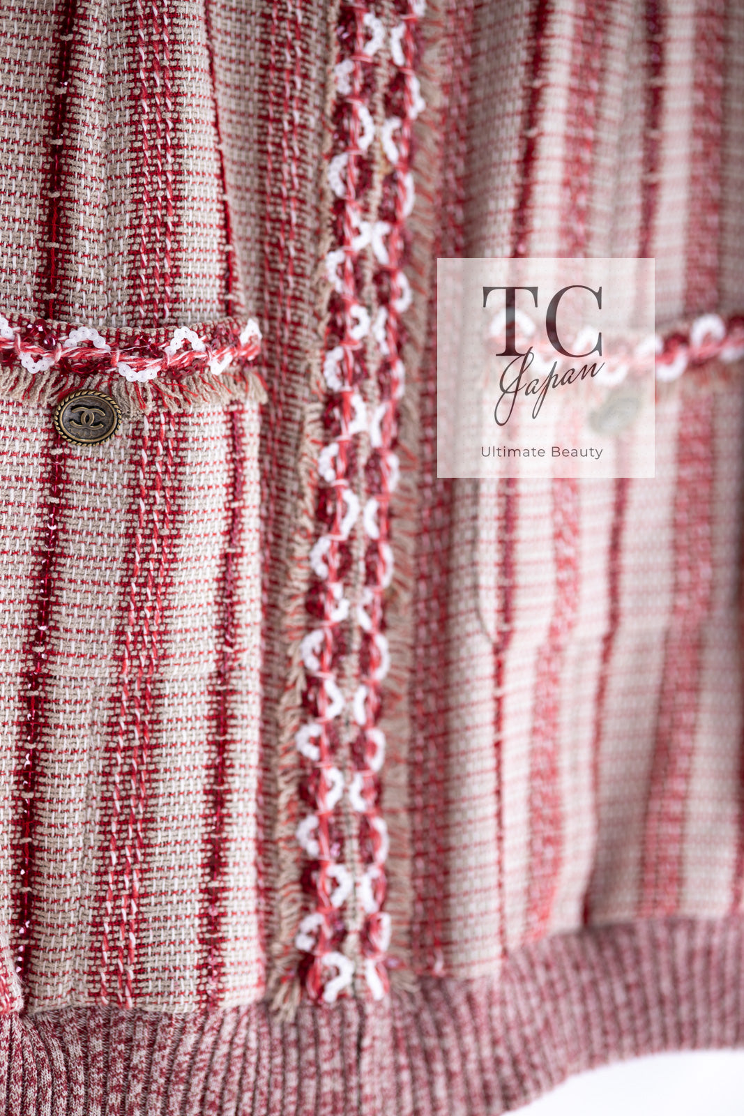 CHANEL 01S Beige Red Knit Sequin Vest Tops 38 シャネル ベージュ レッド スパンコール ニット ベスト トップス 即発