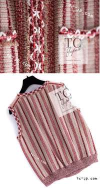 CHANEL 01S Beige Red Knit Sequin Vest Tops 38 シャネル ベージュ レッド スパンコール ニット ベスト トップス 即発