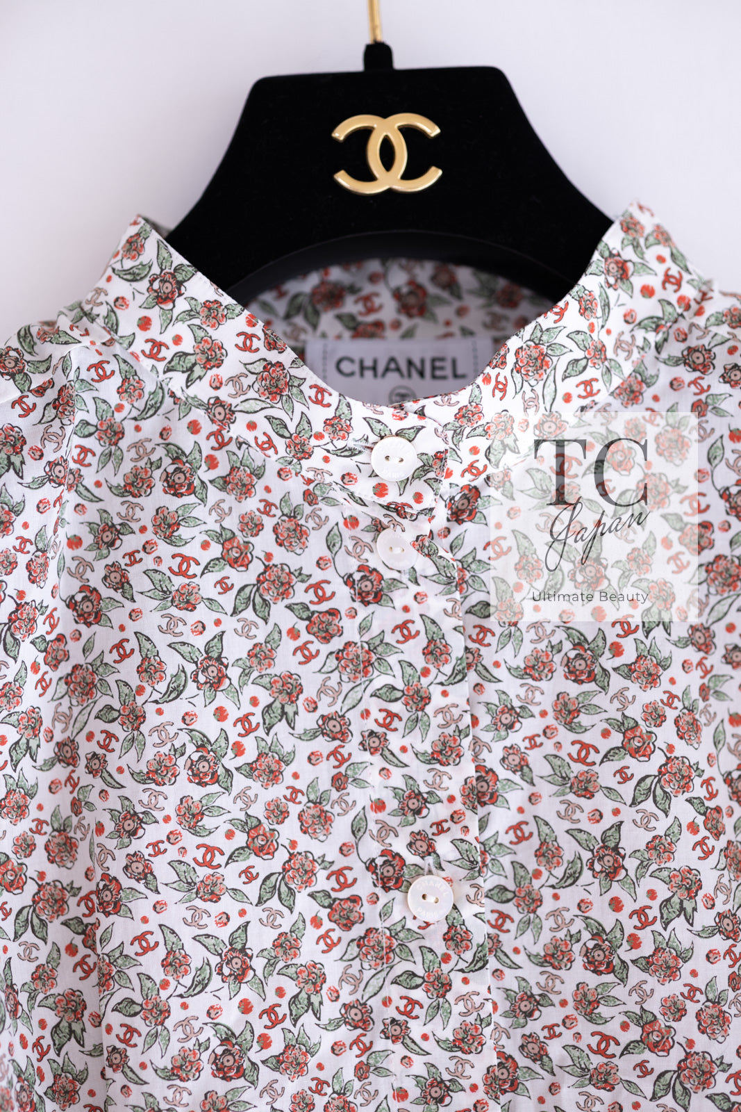 CHANEL 24PA White Red CC Logo Floral Pattern Tops Blouse 34 シャネル ホワイト レッド CC ロゴ 花柄 トップス ブラウス 即発