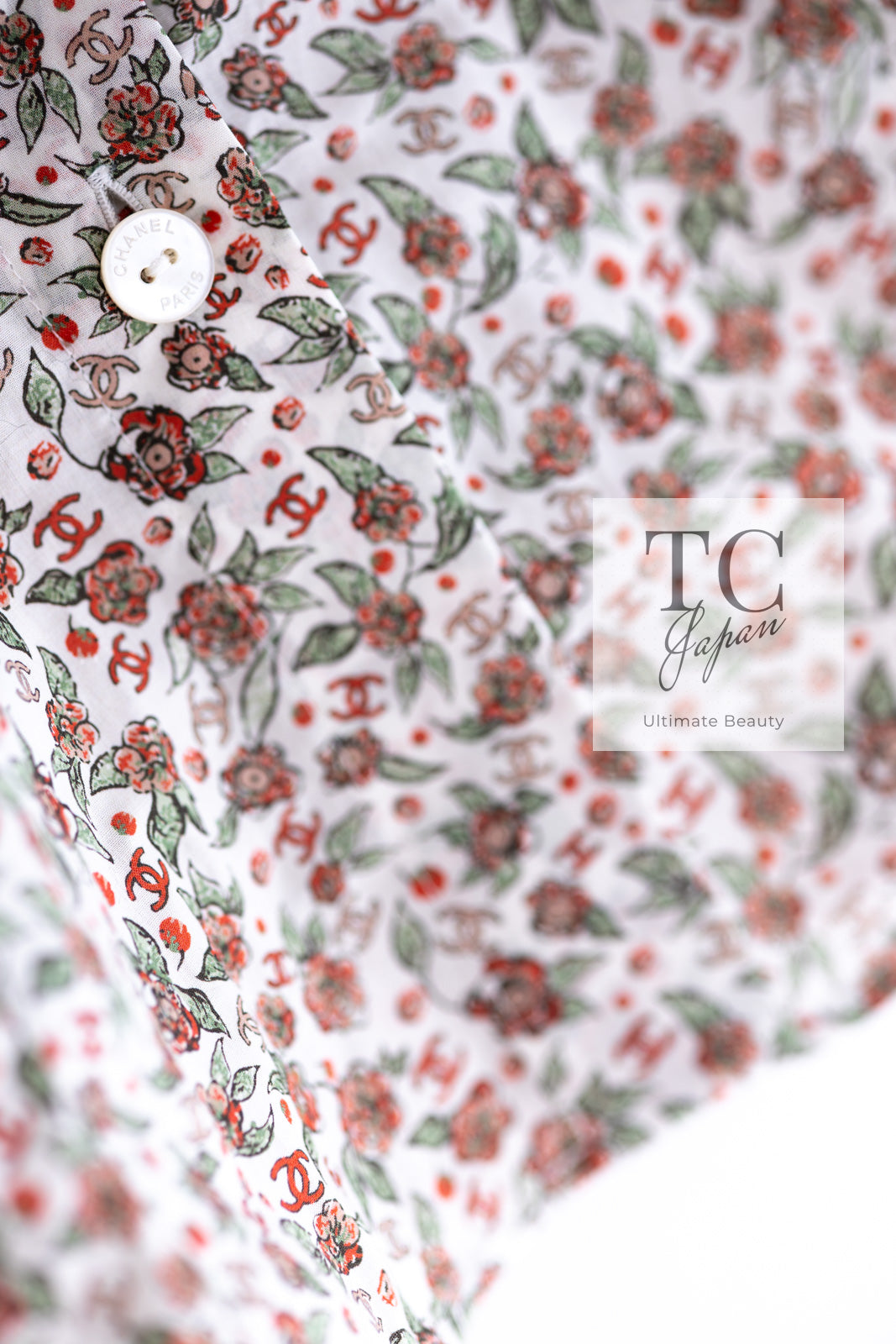 CHANEL 24PA White Red CC Logo Floral Pattern Tops Blouse 34 シャネル ホワイト レッド CC ロゴ 花柄 トップス ブラウス 即発
