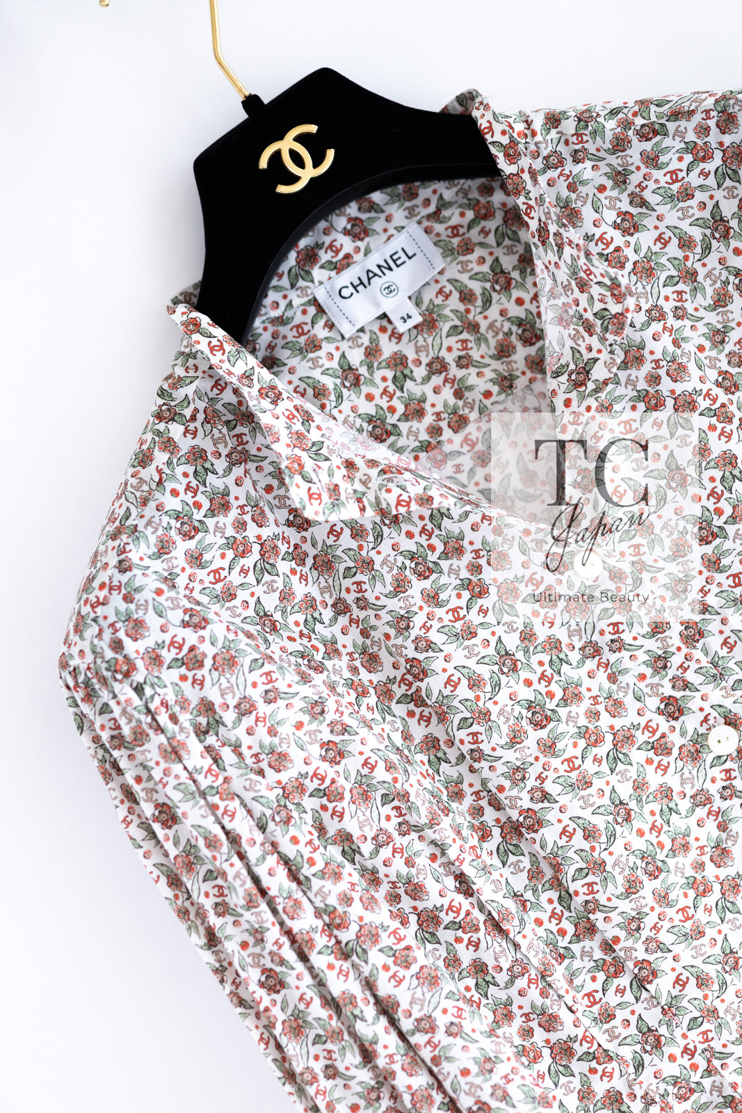 CHANEL 24PA White Red CC Logo Floral Pattern Tops Blouse 34 シャネル ホワイト レッド CC ロゴ 花柄 トップス ブラウス 即発