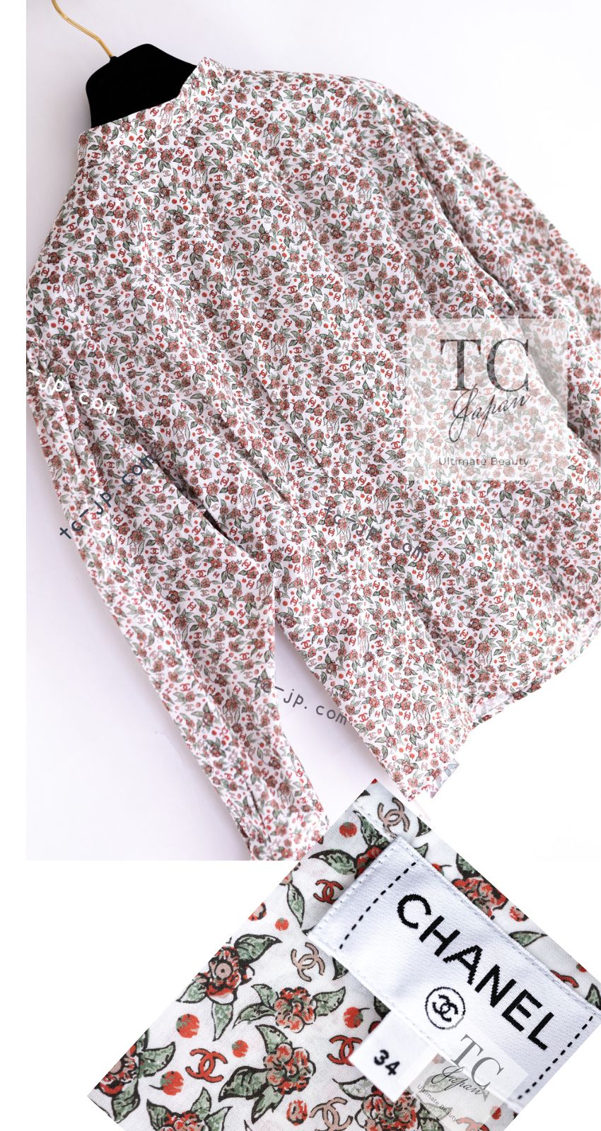 CHANEL 24PA White Red CC Logo Floral Pattern Tops Blouse 34 シャネル ホワイト レッド CC ロゴ 花柄 トップス ブラウス 即発