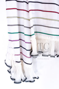 CHANEL 17S White Multicolor Stripe Ruffle Silk Blouse Tops 36 38 シャネル ホワイト マルチカラー ストライプ フリル ブラウス トップス 即発