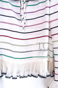 CHANEL 17S White Multicolor Stripe Ruffle Silk Blouse Tops 36 38 シャネル ホワイト マルチカラー ストライプ フリル ブラウス トップス 即発