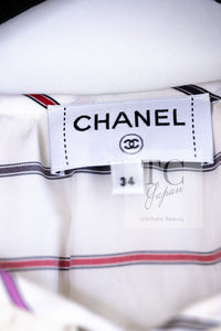 CHANEL 17S White Multicolor Stripe Ruffle Silk Blouse Tops 36 38 シャネル ホワイト マルチカラー ストライプ フリル ブラウス トップス 即発
