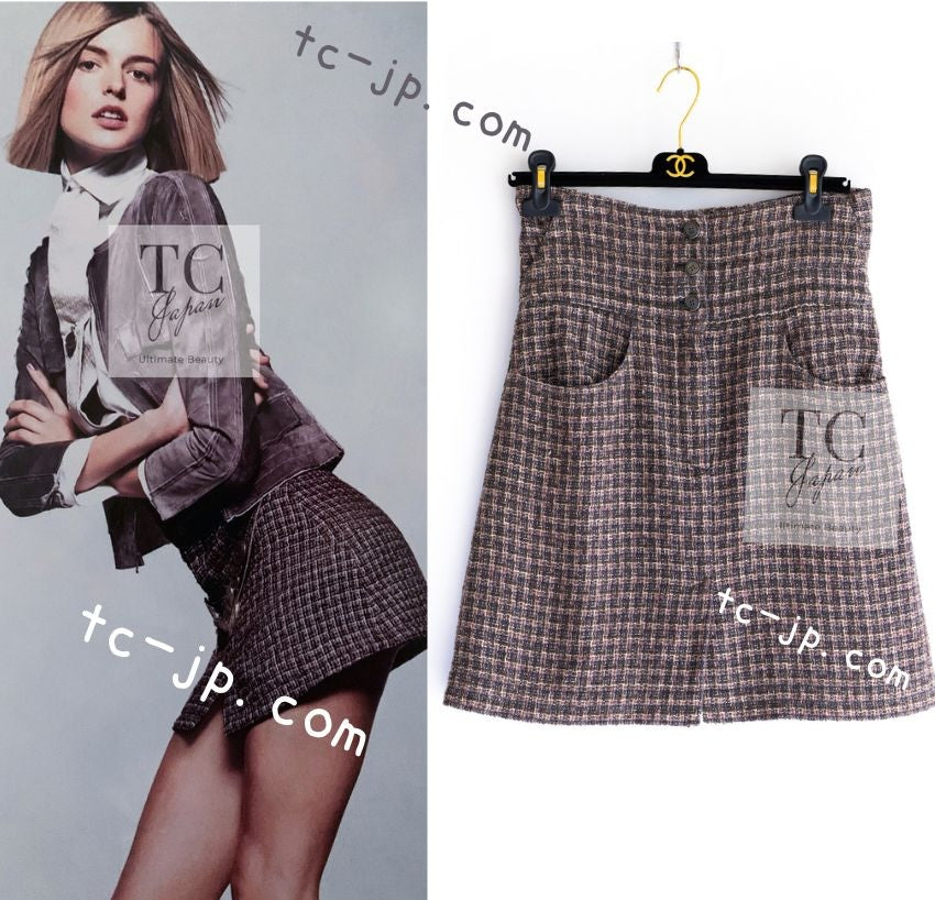 CHANEL 03S Brown Beige Pink Linen Cotton Tweed Skirt 38 シャネル ブラウン ベージュ ピンク リネン コットン ツイード スカート 即発