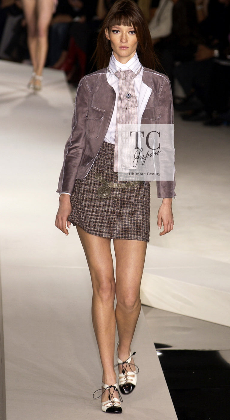 CHANEL 03S Brown Beige Pink Linen Cotton Tweed Skirt 38 シャネル ブラウン ベージュ ピンク リネン コットン ツイード スカート 即発