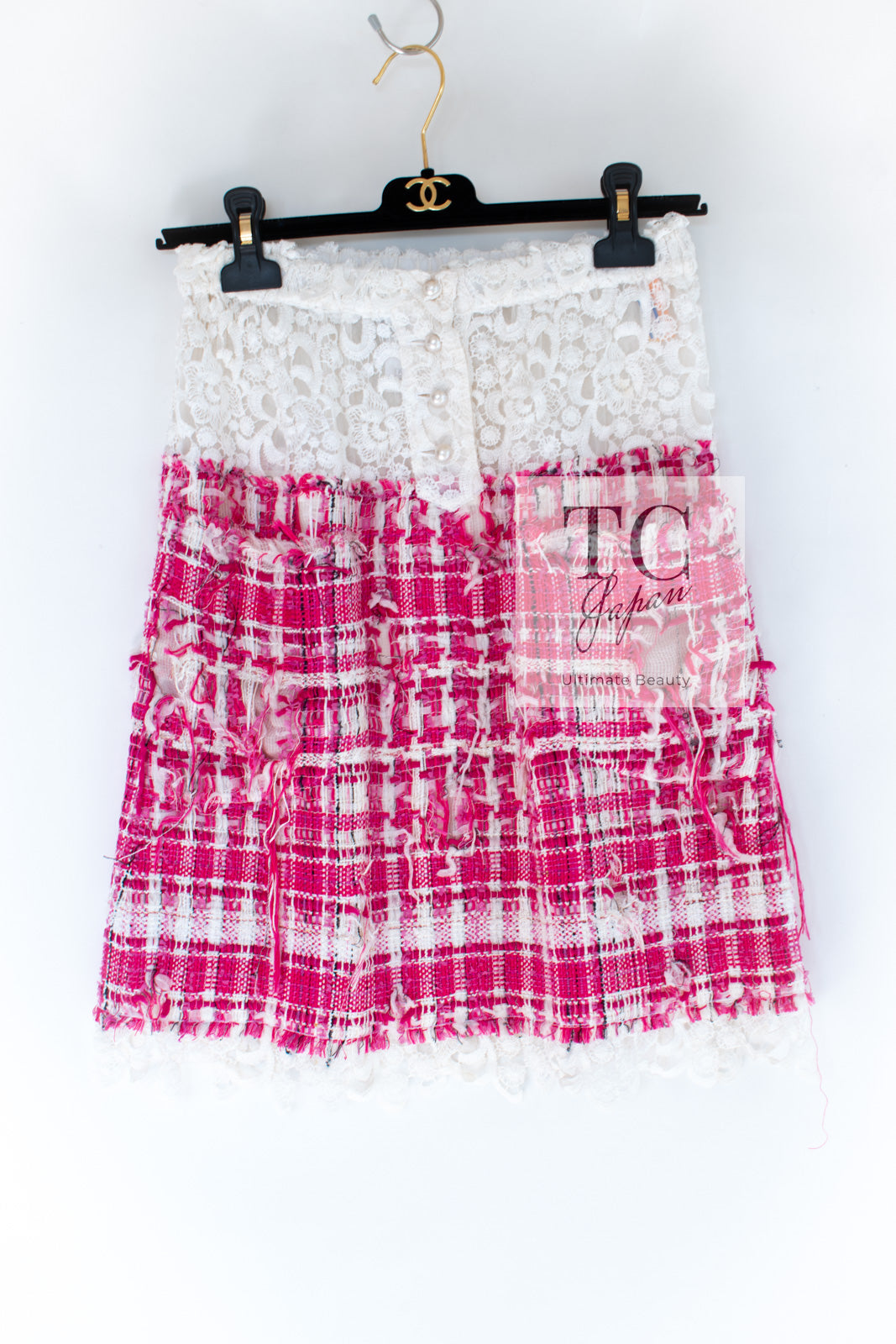 CHANEL 14S Pink Ivory Pearl Button Tweed Skirt 36 シャネル ピンク アイボリー パールボタン ツイード スカート 即発