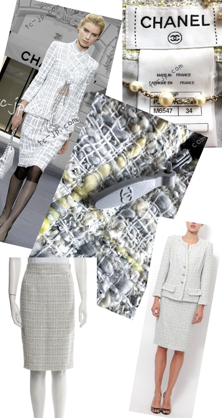 CHANEL 09S Light Gray Mint Cotton Wool Tweed Skirt 34 シャネル ライト グレー ミント コットン ウール ツイード スカート 即発