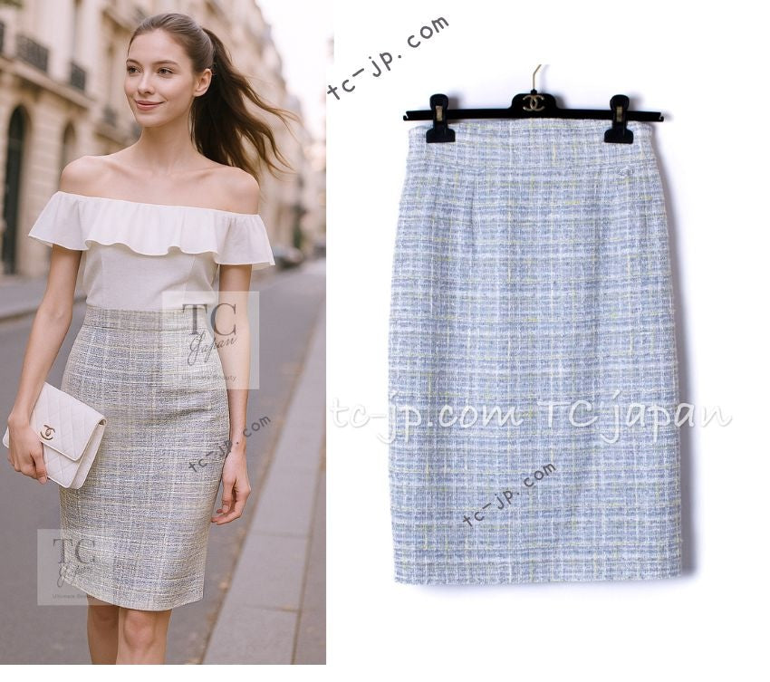 CHANEL 09S Light Gray Mint Cotton Wool Tweed Skirt 34 シャネル ライト グレー ミント コットン ウール ツイード スカート 即発