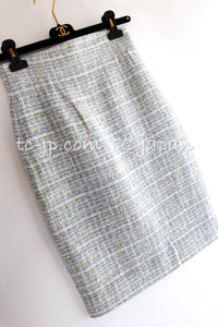 CHANEL 09S Light Gray Mint Cotton Wool Tweed Skirt 34 シャネル ライト グレー ミント コットン ウール ツイード スカート 即発