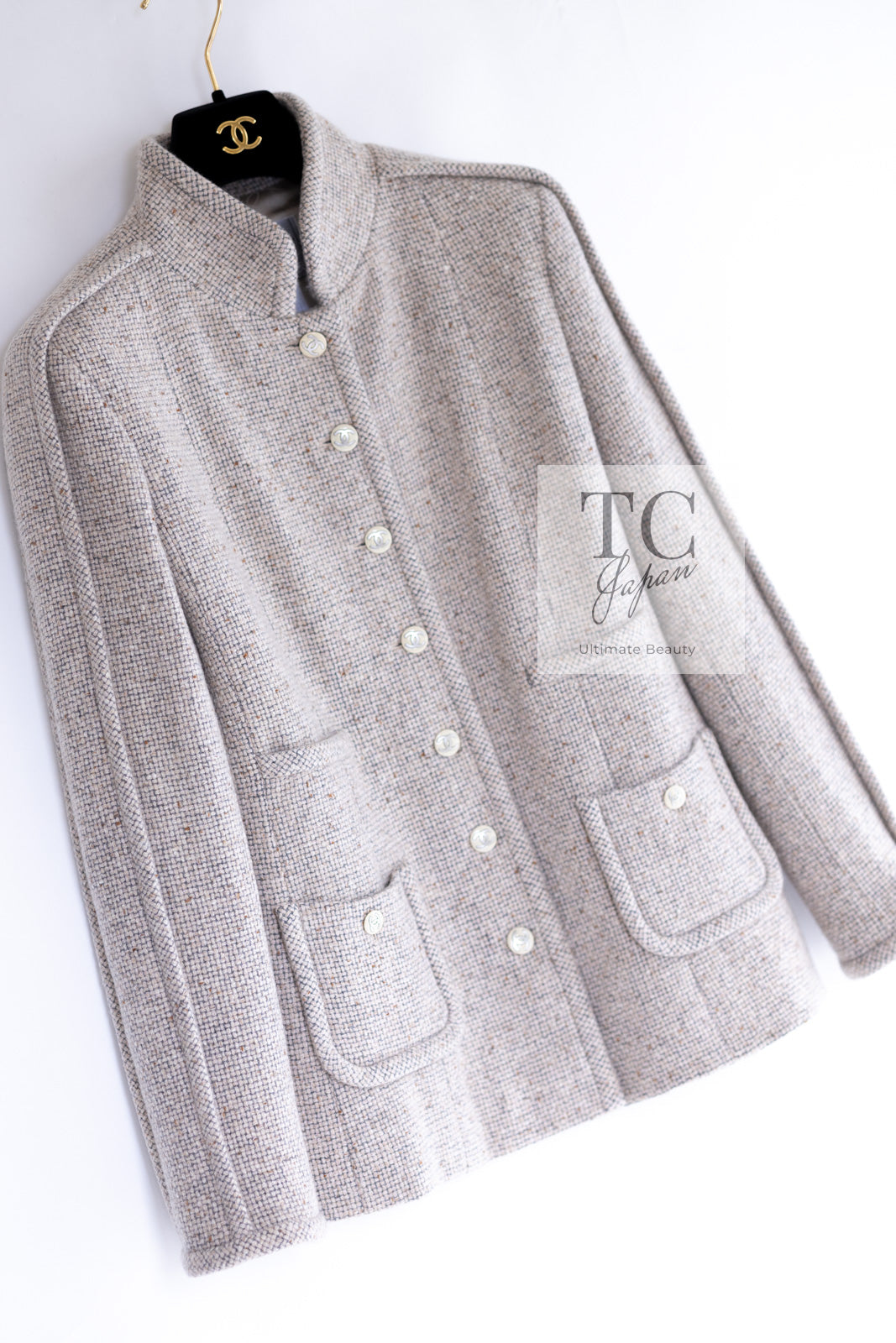 CHANEL 03A Beige Nude Stand Collar Cashmere 100 Tweed Jacket 38 40 シャネル ベージュ ヌード スタンド襟 カシミア 100 ツイード ジャケット 即発
