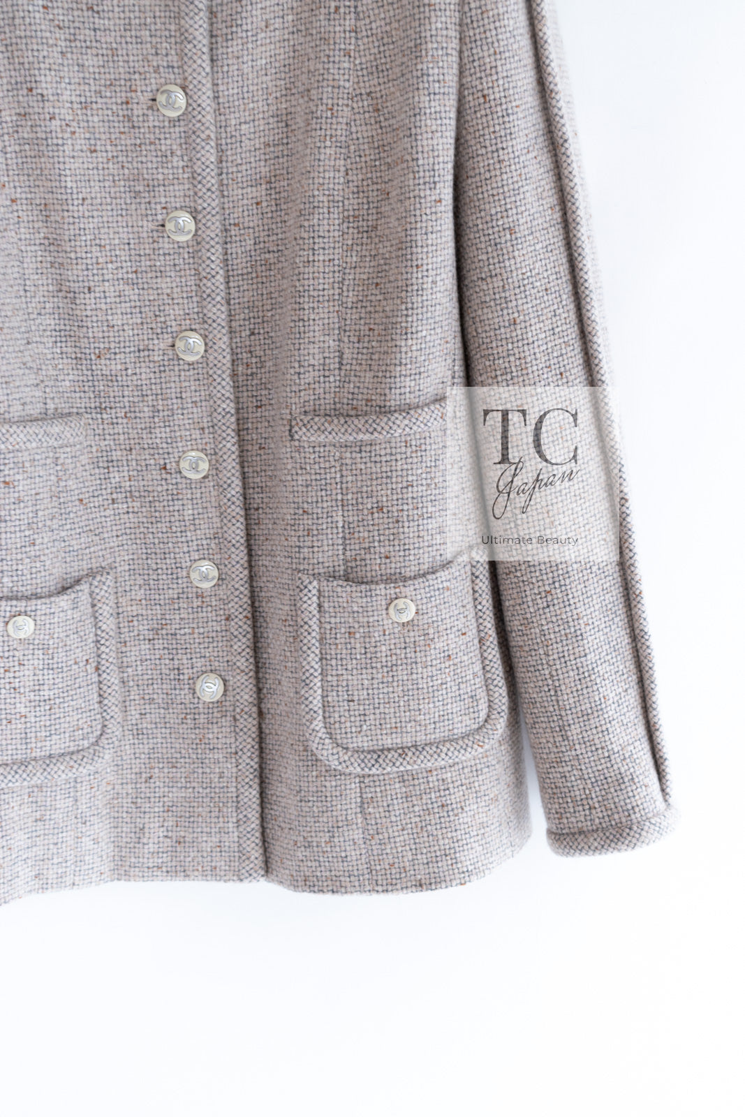 CHANEL 03A Beige Nude Stand Collar Cashmere 100 Tweed Jacket 38 40 シャネル ベージュ ヌード スタンド襟 カシミア 100 ツイード ジャケット 即発