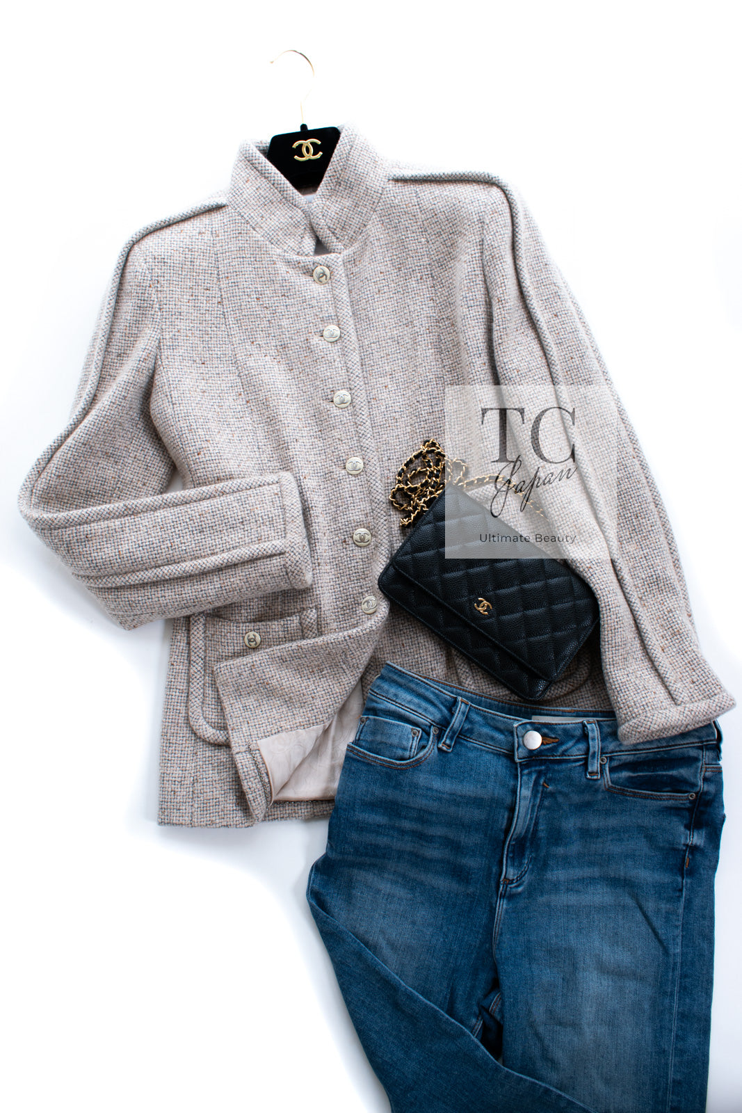 CHANEL 03A Beige Nude Stand Collar Cashmere 100 Tweed Jacket 38 40 シャネル ベージュ ヌード スタンド襟 カシミア 100 ツイード ジャケット 即発