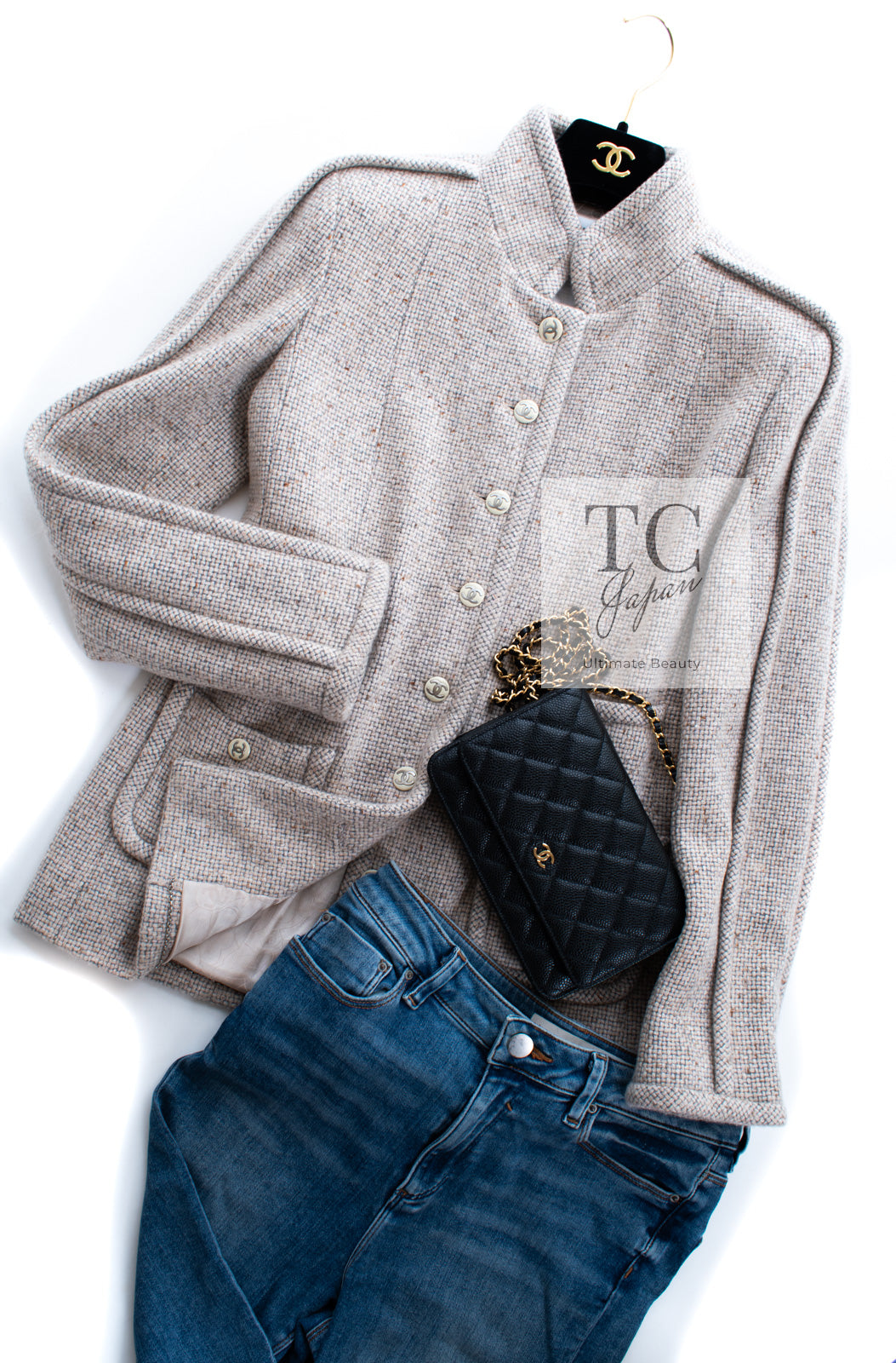 CHANEL 03A Beige Nude Stand Collar Cashmere 100 Tweed Jacket 38 40 シャネル ベージュ ヌード スタンド襟 カシミア 100 ツイード ジャケット 即発