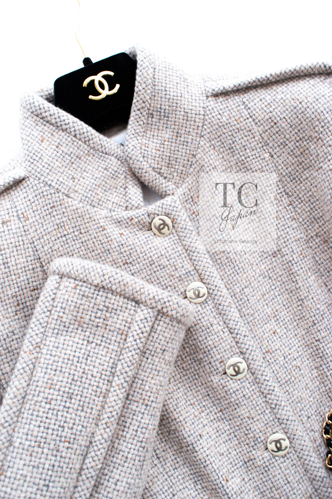 CHANEL 03A Beige Nude Stand Collar Cashmere 100 Tweed Jacket 38 40 シャネル ベージュ ヌード スタンド襟 カシミア 100 ツイード ジャケット 即発
