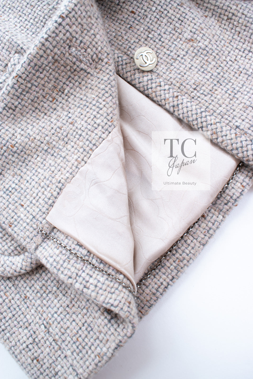 CHANEL 03A Beige Nude Stand Collar Cashmere 100 Tweed Jacket 38 40 シャネル ベージュ ヌード スタンド襟 カシミア 100 ツイード ジャケット 即発