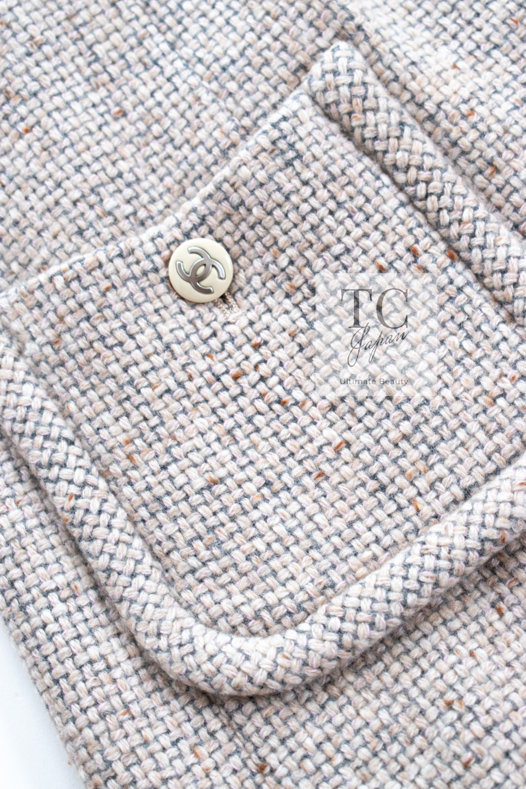 CHANEL 03A Beige Nude Stand Collar Cashmere 100 Tweed Jacket 38 40 シャネル ベージュ ヌード スタンド襟 カシミア 100 ツイード ジャケット 即発