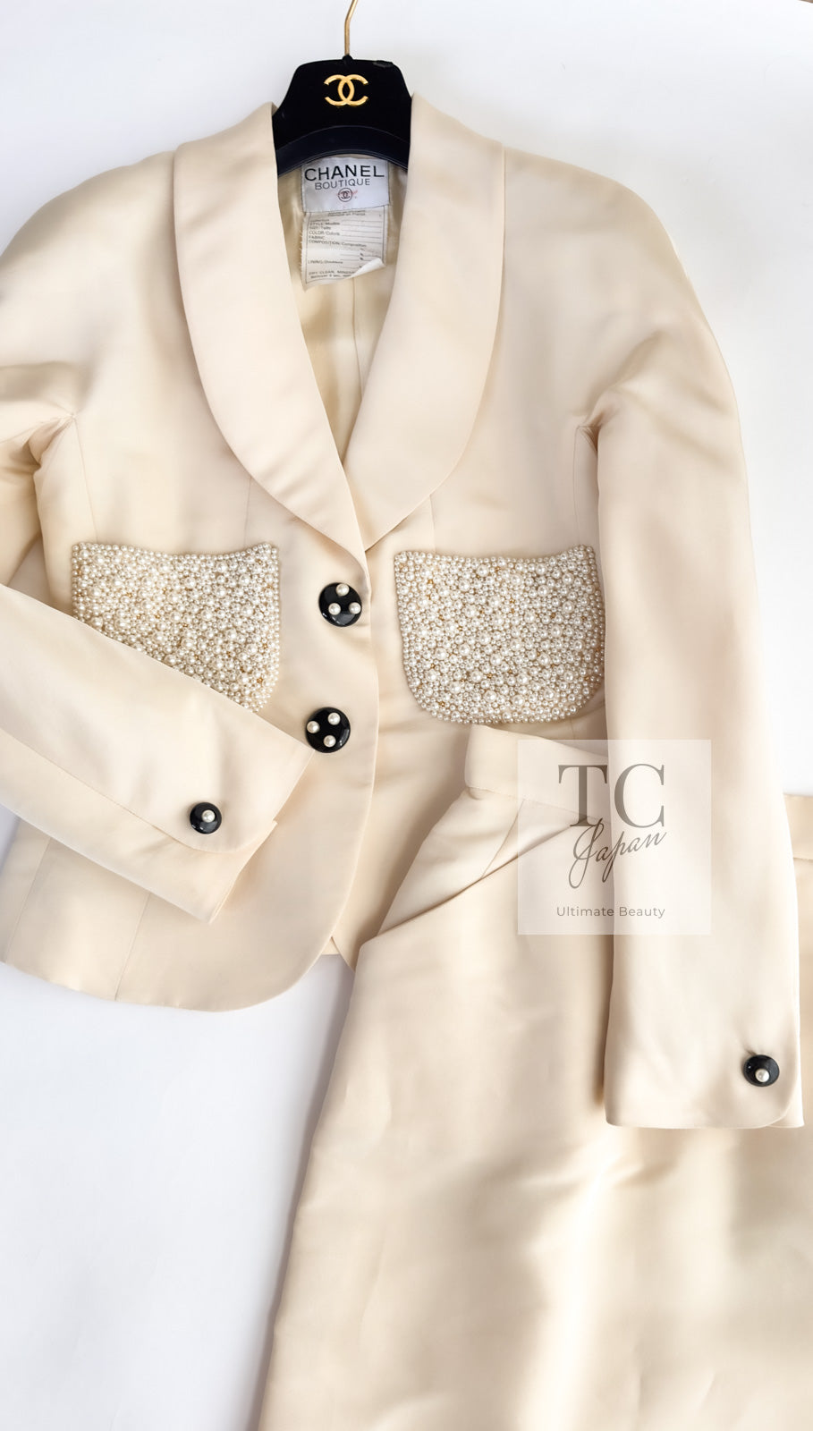 CHANEL 90S Vintage Ivory Cream Pearl Pocket Silk Skirt Jacket Suit 38 シャネル ヴィンテージ アイボリー クリーム パールいっぱい シルク スカート ジャケット スーツ 即発