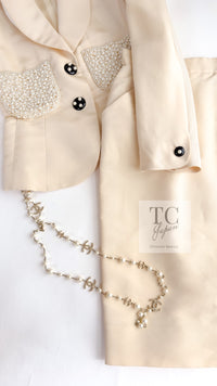 CHANEL 90S Vintage Ivory Cream Pearl Pocket Silk Skirt Jacket Suit 38 シャネル ヴィンテージ アイボリー クリーム パールいっぱい シルク スカート ジャケット スーツ 即発