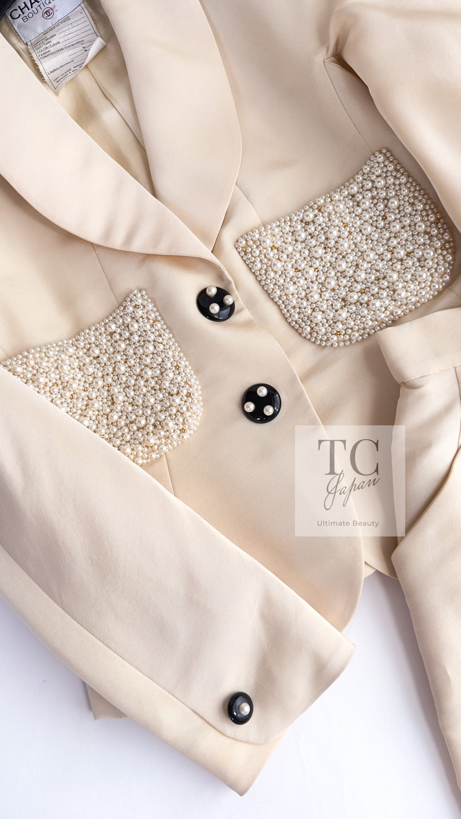 CHANEL 90S Vintage Ivory Cream Pearl Pocket Silk Skirt Jacket Suit 38 シャネル ヴィンテージ アイボリー クリーム パールいっぱい シルク スカート ジャケット スーツ 即発