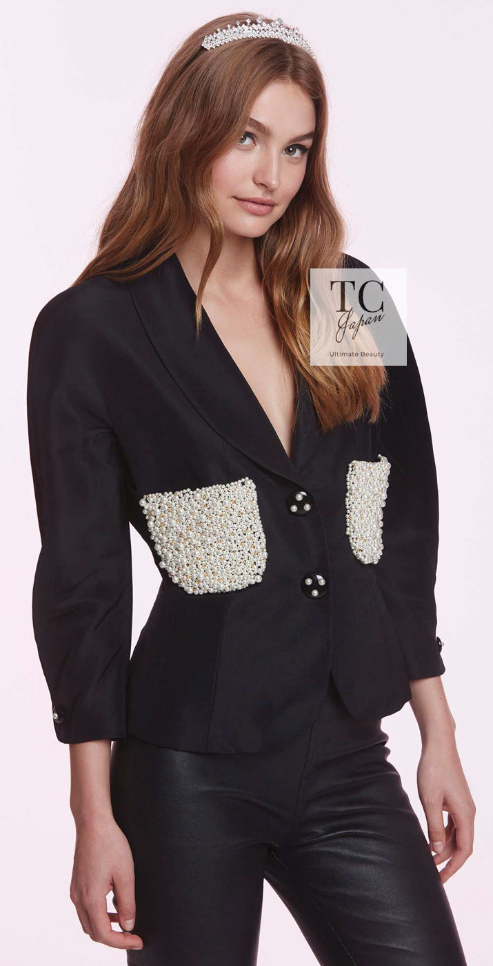 CHANEL 90S Vintage Ivory Cream Pearl Pocket Silk Skirt Jacket Suit 38 シャネル ヴィンテージ アイボリー クリーム パールいっぱい シルク スカート ジャケット スーツ 即発